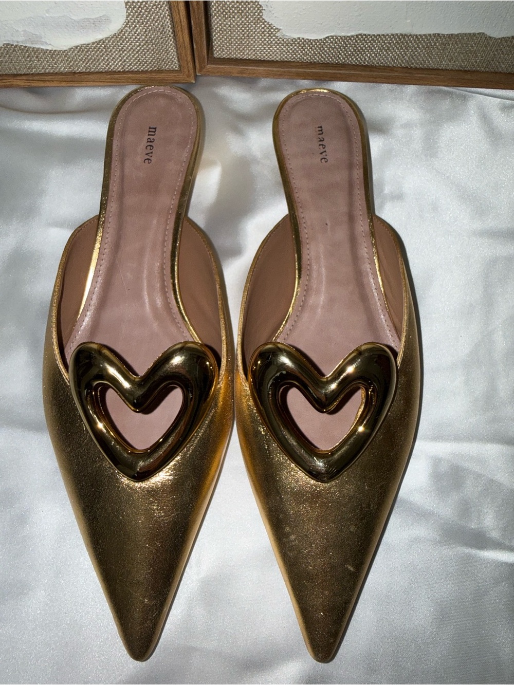 Maeve Metallic Gold Pointed Toe Heart-Accent Mules